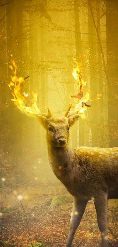 Mystical deer with fiery antlers in a forest.