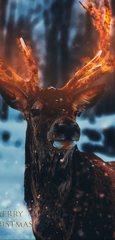Deer with fiery antlers standing in a snowy forest, creating a fantasy scene.