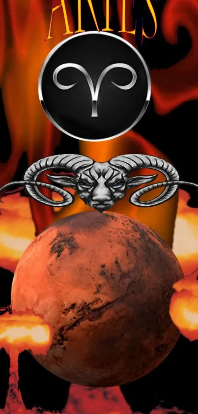 Fiery Aries zodiac wallpaper with flames and ram symbol.