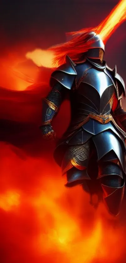 Armored knight engulfed in red flames on a dark background.