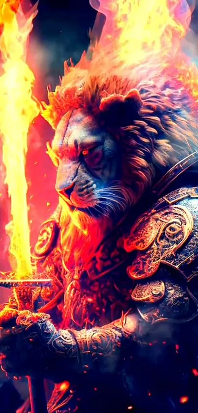 Majestic lion warrior with fiery armor and glowing mane for mobile wallpaper.