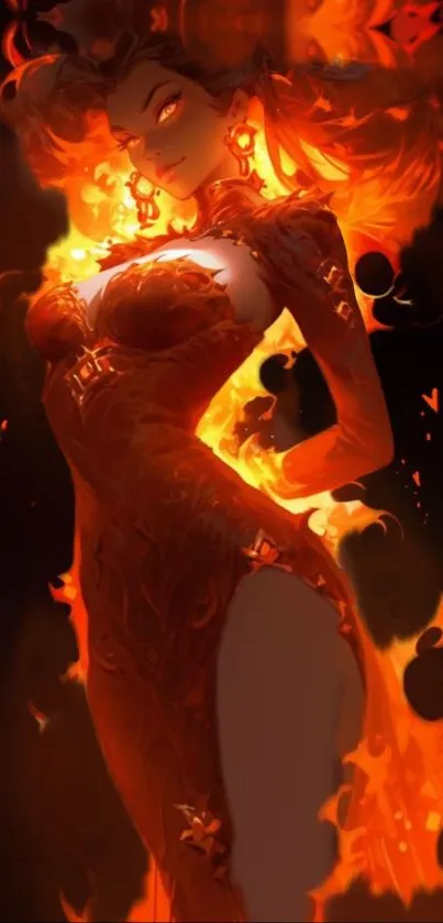 Artistic orange and black wallpaper with a fiery figure.