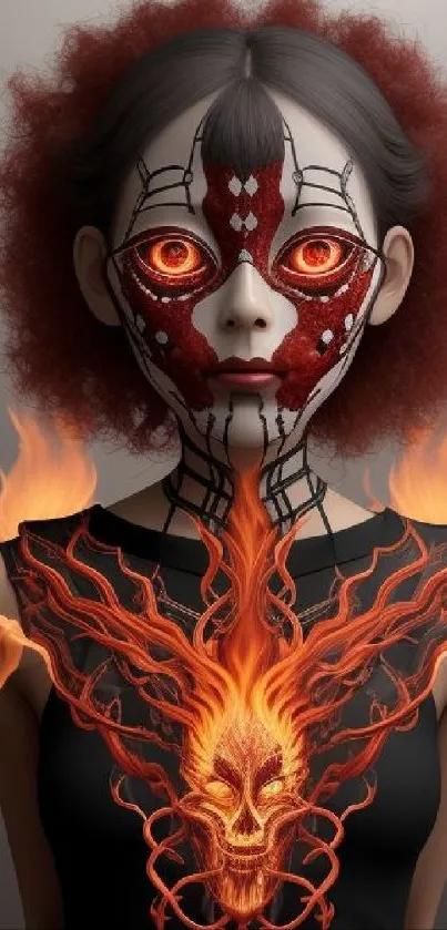 Fiery mystical figure with mask and vibrant colors for mobile wallpaper.