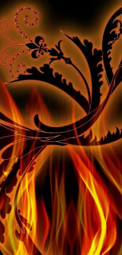 Vibrant fiery wallpaper with black swirls and flames.