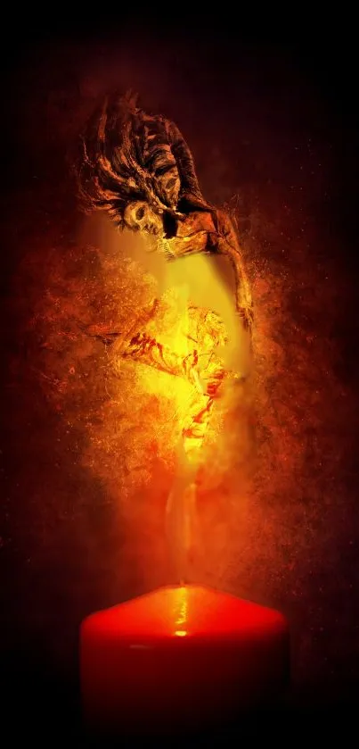 Artistic candle flame creating fiery silhouette on dark background.