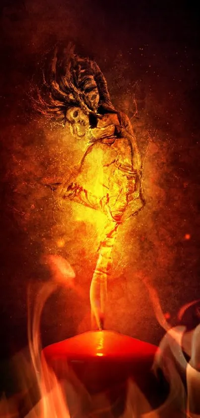 Fiery ballet figure emerging from candlelight on mobile wallpaper.