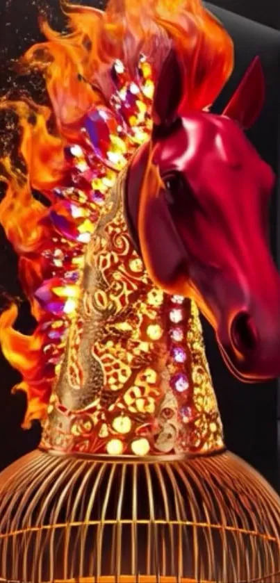 Fiery horse sculpture with vibrant colors and intricate details.