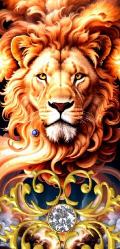 Fiery lion with artistic mane and mystical background in vibrant colors.