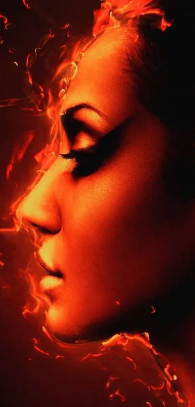 Fiery artistic portrait with dramatic orange and black contrast on a mobile wallpaper.