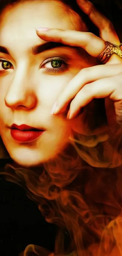 Artistic portrait wallpaper with fiery orange hues.