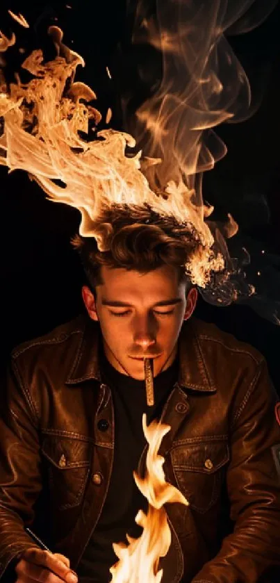 Artistic wallpaper with fiery flames and a dark background featuring a man.