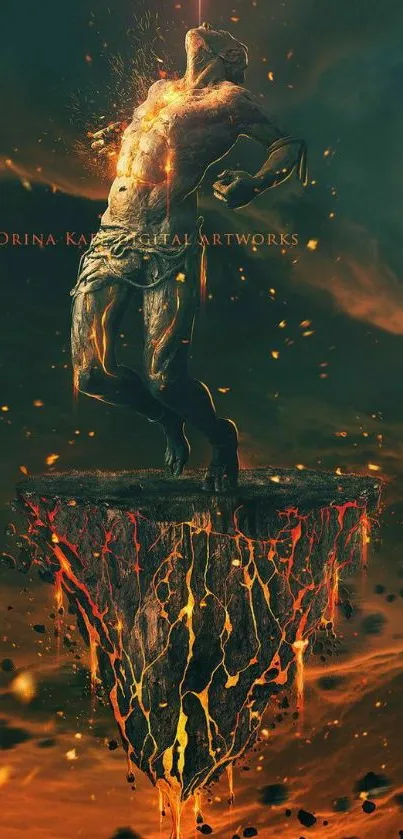 Fiery statue art with glowing embers in dynamic wallpaper design.