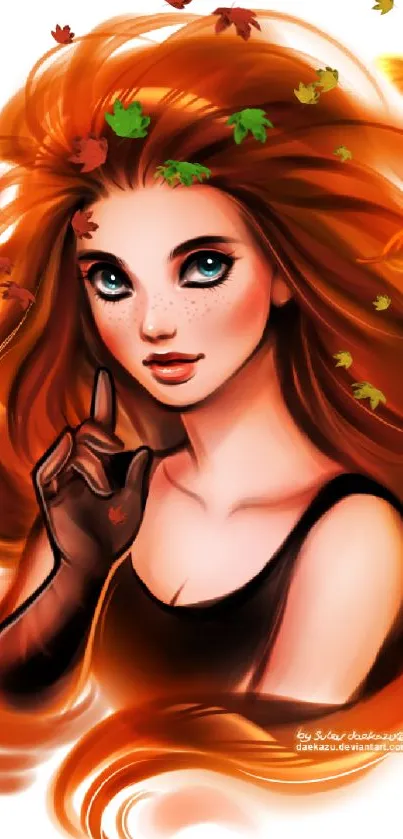 Fantasy girl with red hair surrounded by autumn leaves.