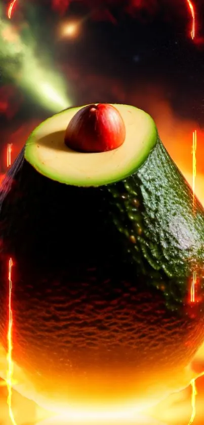 Surreal avocado artwork in a fiery galactic setting for vibrant phone wallpaper.