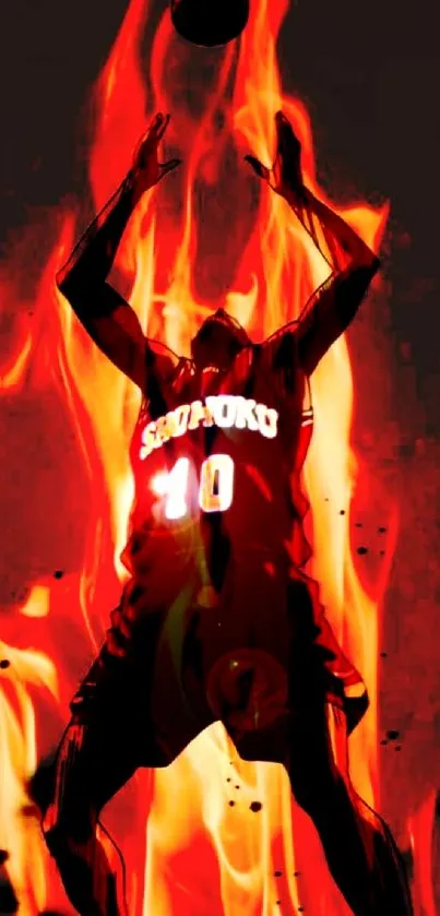 Anime basketball player engulfed in vibrant flames, featuring red and orange tones.