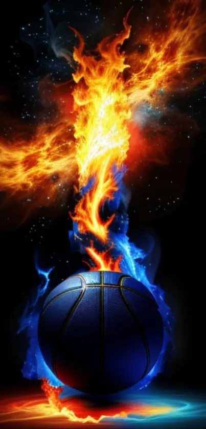 Dynamic wallpaper of fiery basketball with blue and orange flames.