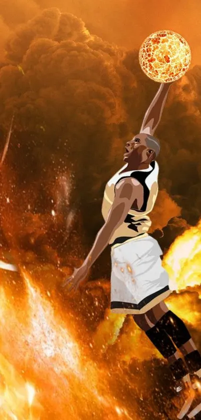 Basketball player dunks in fiery explosion artwork.