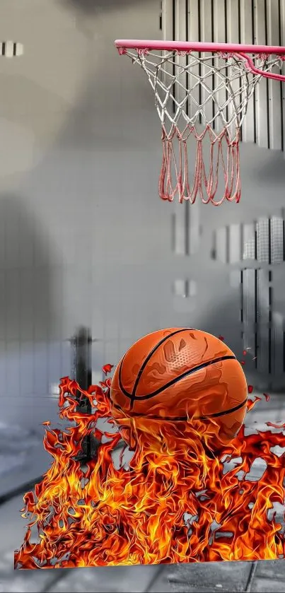 Mobile wallpaper of a basketball in flames beneath a hoop.