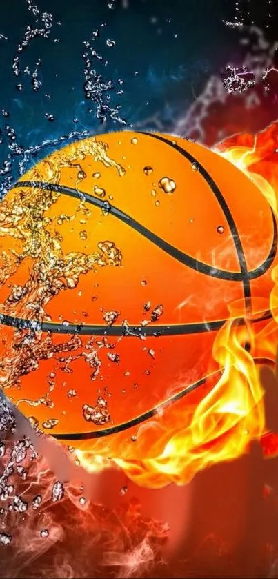 Basketball surrounded by flames and water splashes, on a vivid wallpaper.