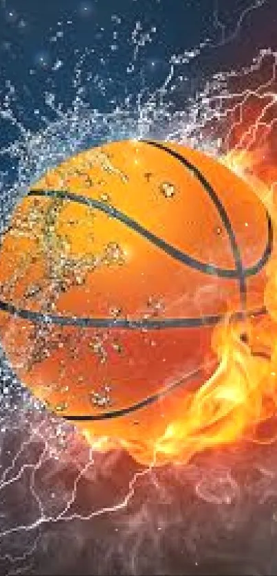 Basketball engulfed in flames and water splash mobile wallpaper.