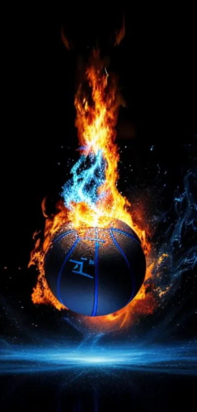 Basketball engulfed in vibrant flames on a dark background, perfect for sports fans.