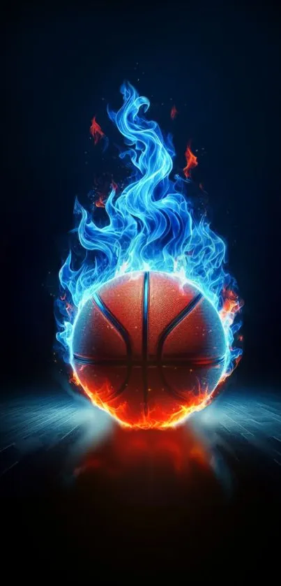 Fiery basketball enveloped in dynamic blue flames with a dark background.