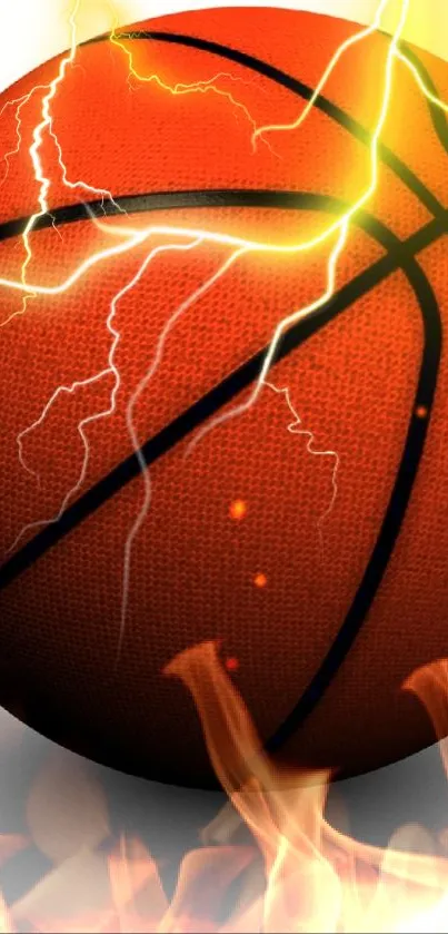 Fiery basketball with lightning and flames, dynamic sports wallpaper.