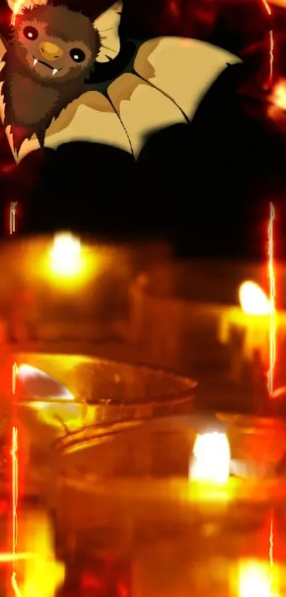 Cute bat with fiery candles in background.