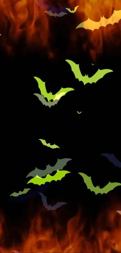 Halloween wallpaper with bats and fire effect.