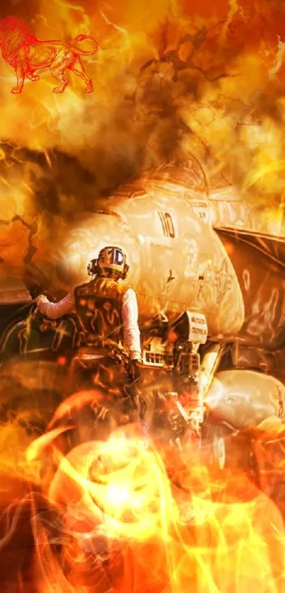 Fiery explosion with battle scene in orange hues.