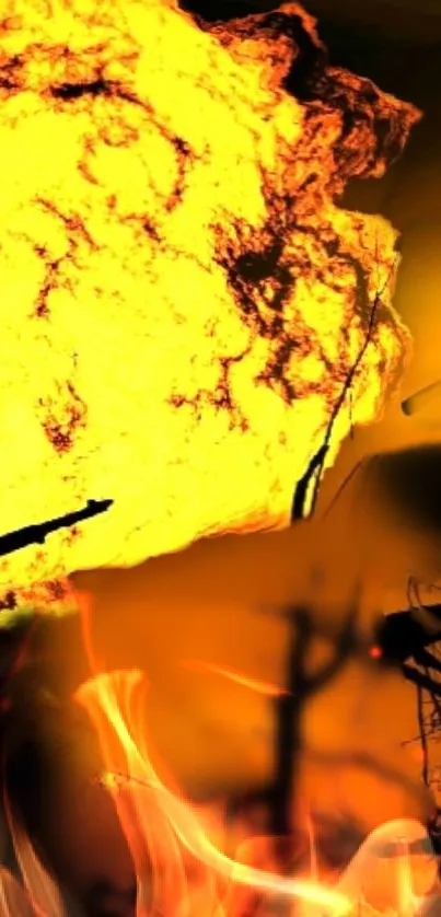 Fiery silhouette and flames on yellow background wallpaper.