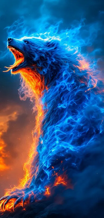 Fantasy bear with blue and orange flames.