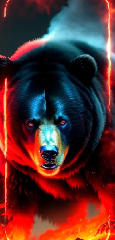 Bear surrounded by vibrant flames in a dynamic wallpaper image.