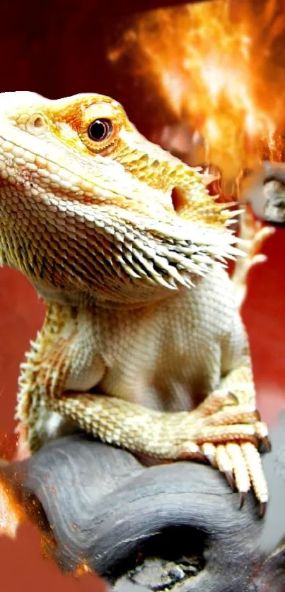 Fiery bearded dragon perched on branch with vibrant background.