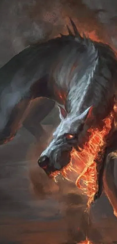 Fantasy art of a fiery beast emerging from darkness.