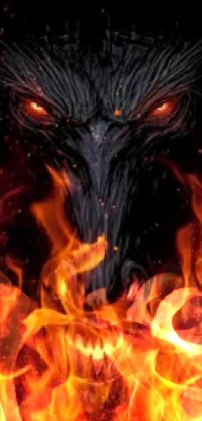 Fiery beast face with vivid orange flames on a dark background.