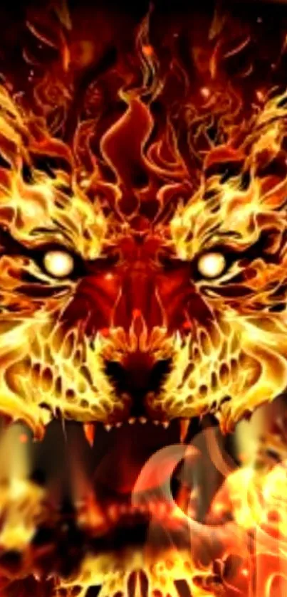 Fiery lion face with vivid flames on phone wallpaper.