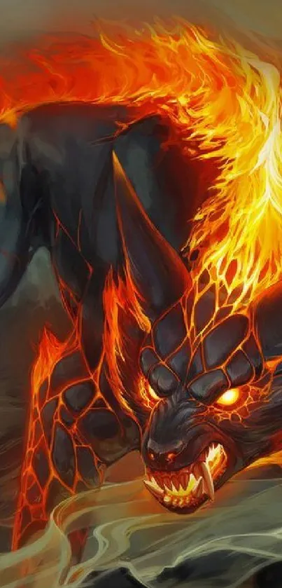 Fiery beast engulfed in flames on a dynamic mobile wallpaper.