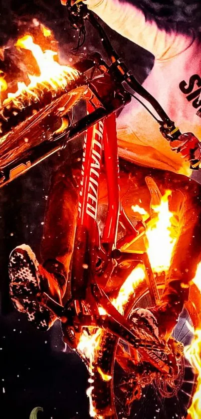 Fiery bicycle performing a dramatic stunt with flames engulfing wheels.