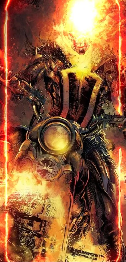 Intense ghost rider engulfed in flames on a motorcycle wallpaper.