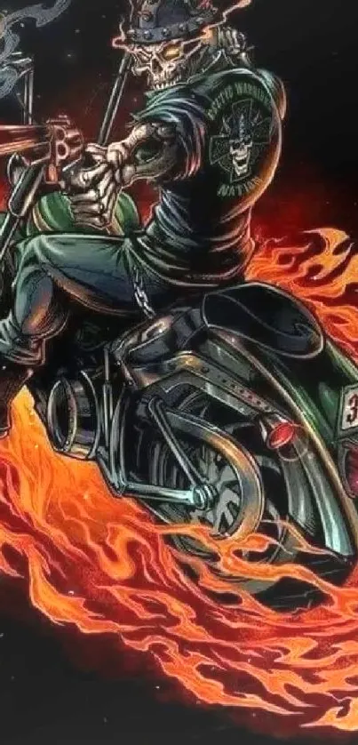 Fiery biker riding motorcycle with blazing flames.