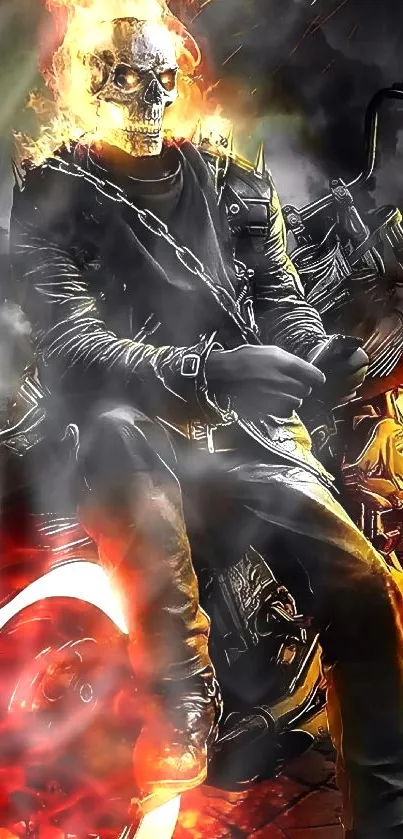 Fiery skeletal biker on a motorcycle wallpaper.