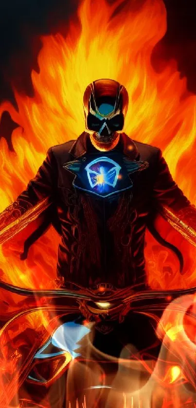 Fiery biker skeleton riding a motorcycle engulfed in flames, creating a bold visual.