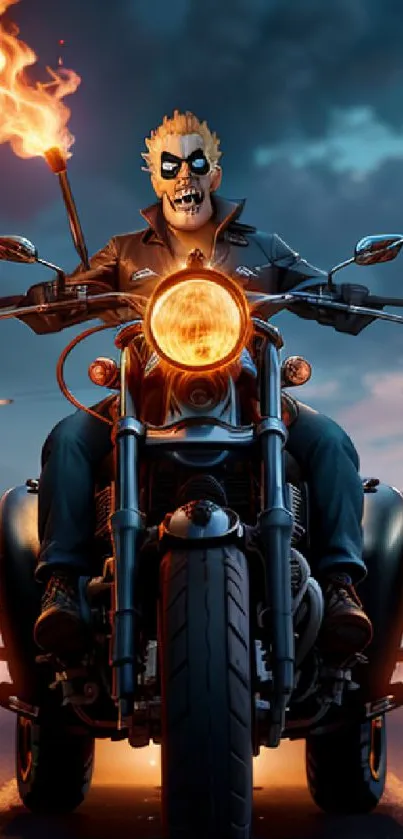 Fiery biker on a motorcycle with flames at night.