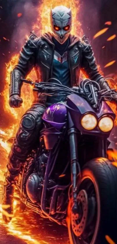 Biker engulfed in flames riding a motorcycle with intense expression.