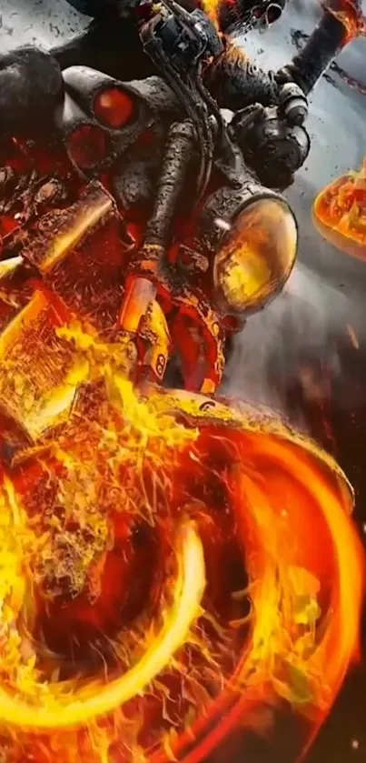 Dynamic wallpaper with a fiery biker and motorcycle engulfed in flames.