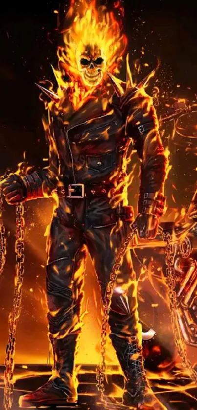 Fiery skeleton biker with chains in flames.