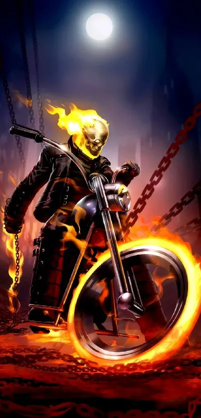 Fiery biker riding with blazing wheels against a dark cityscape.