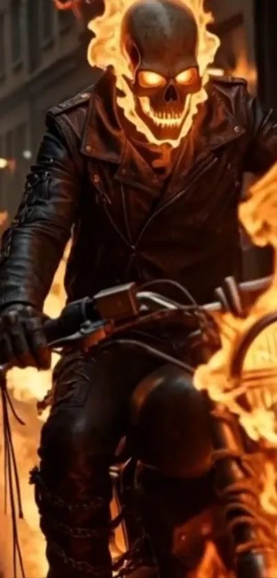 Biker skeleton engulfed in flames riding a motorcycle.