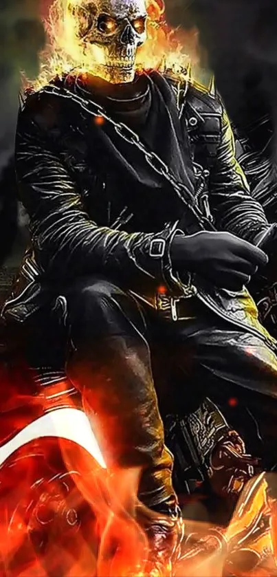 Biker with flaming skull on fire-themed wallpaper.